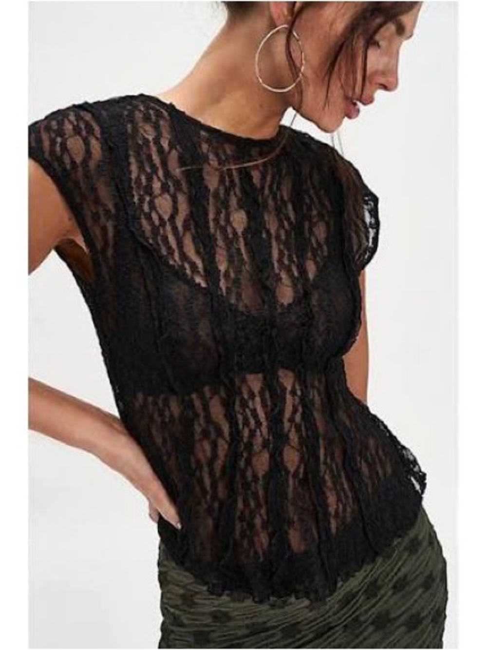 Free People Black Textured Lace Cap-Sleeve Sheer Top